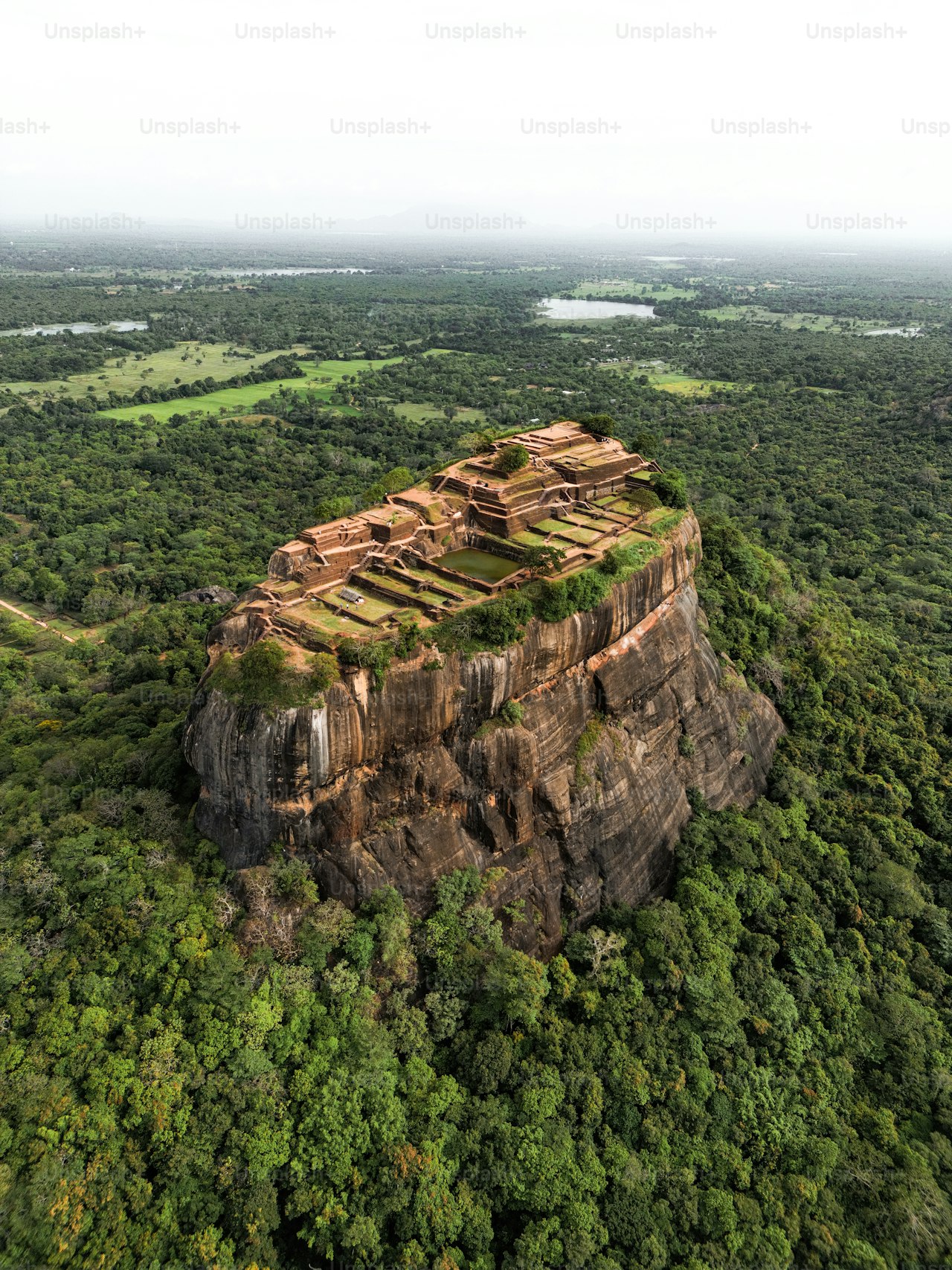 Sigiriya Rock Fortress aerial view surrounded by lush green forest Sri Lanka